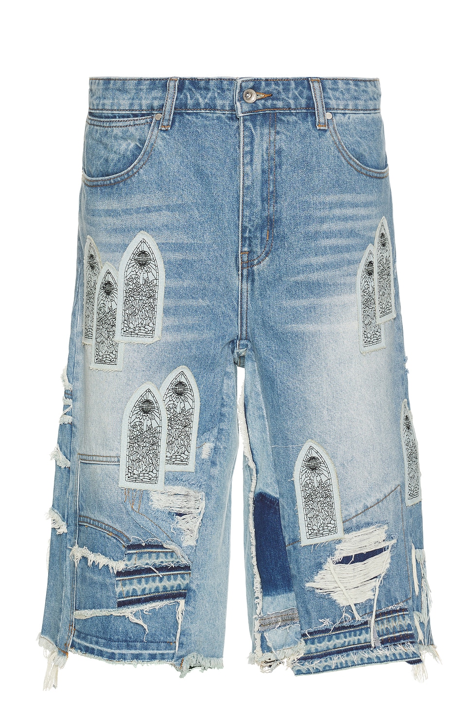 Patched Arch Blowout Denim Short in Blue